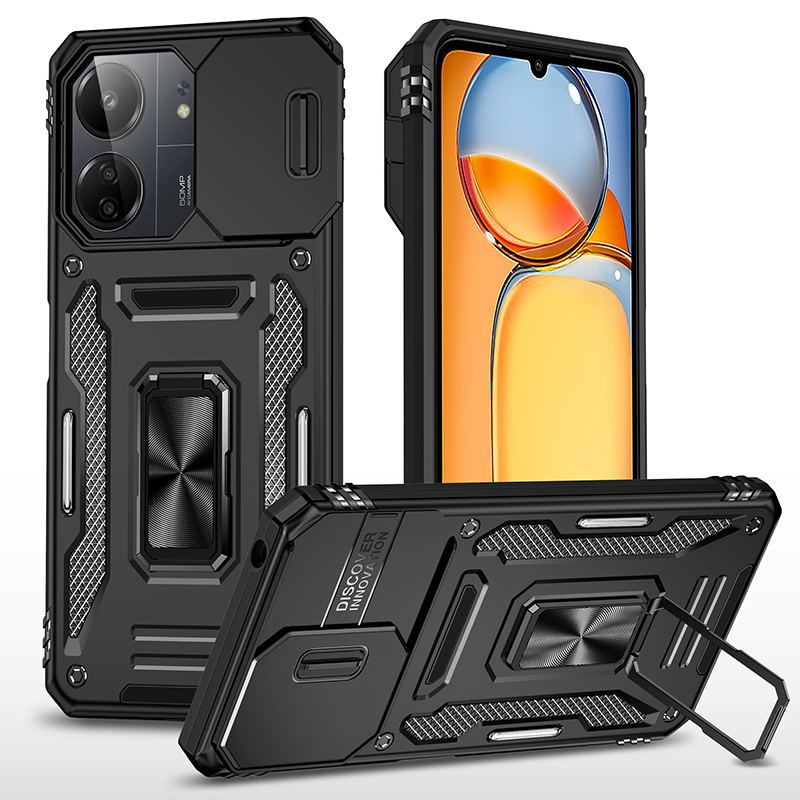 Armor Series For Xiaomi Redmi 13C 4G / 5G / 13R 5G / Poco M6 5G / Poco C65 4G Phone Case with Slide Camera Cover - Black