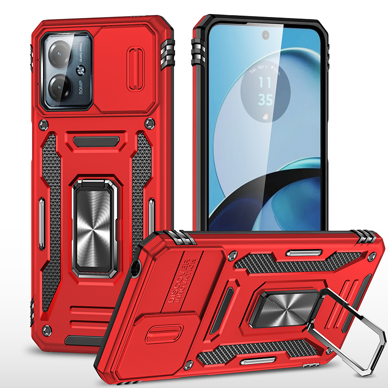 Armor Series For Motorola Moto G54 5G Case PC+TPU Kickstand Phone Cover with Slide Lens Protector - Red