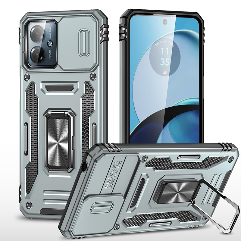 Armor Series For Motorola Moto G54 5G Case PC+TPU Kickstand Phone Cover with Slide Lens Protector - Grey