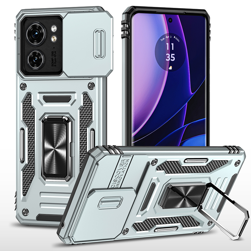 For Motorola Edge 40 5G Case Kickstand Slide Lens Lid PC + TPU Drop-Proof Phone Cover - Grey