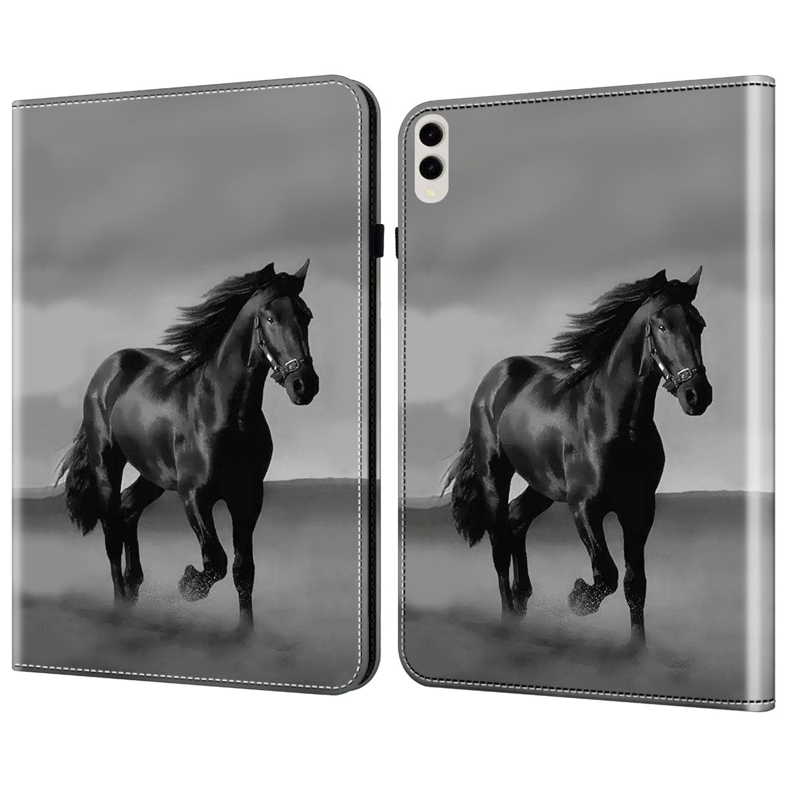 For Samsung Galaxy Tab S10 Ultra / S9 Ultra Case PU Leather Card Slots Tablet Cover Pattern Print -  Black Horse