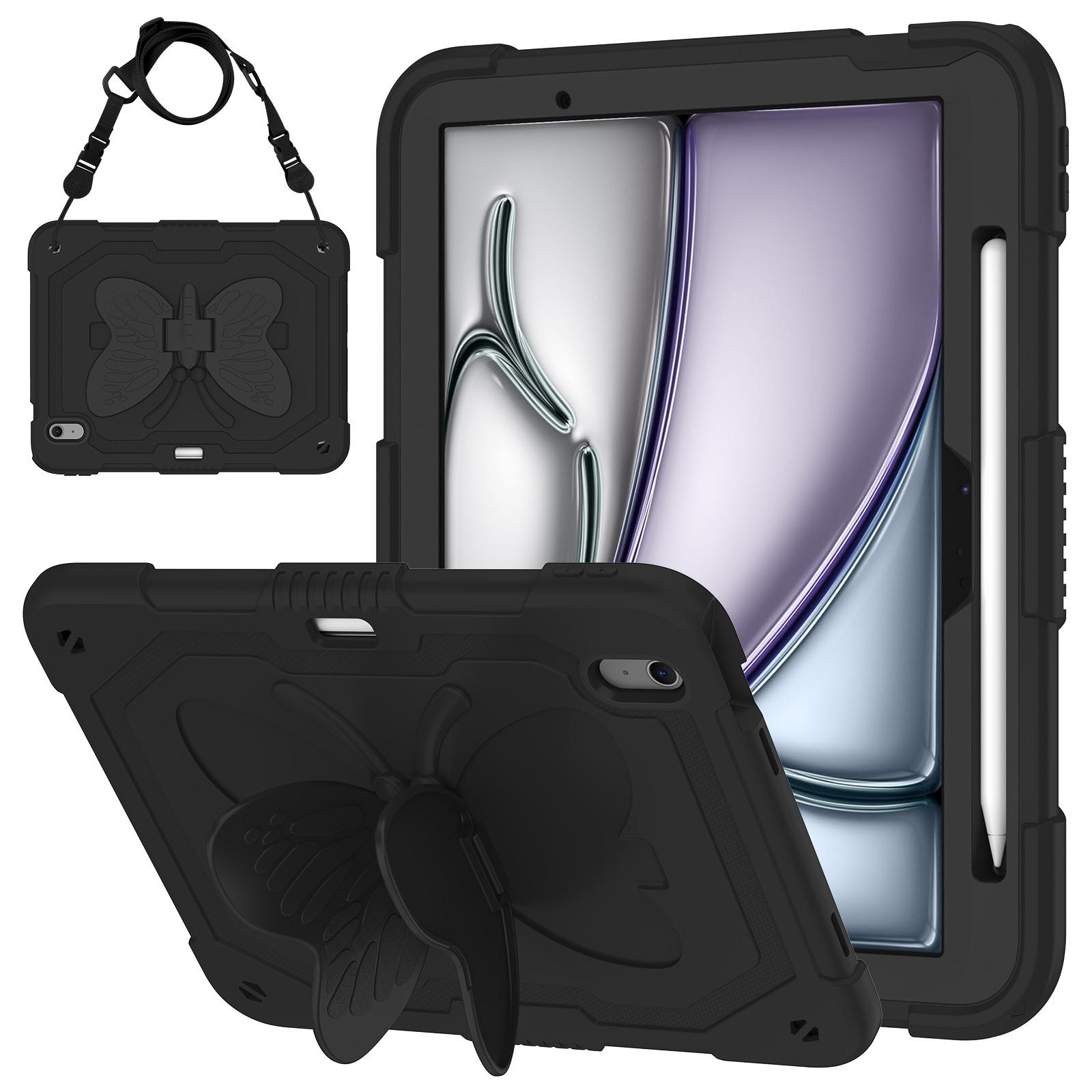 For iPad Air 11 (2026) / (2025) / (2024) Case with Shoulder Strap Silicone + PC Tablet Cover Butterfly Wings Kickstand - Black