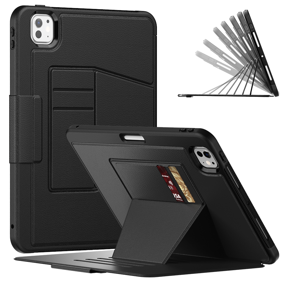 For iPad Pro 11 (2025) / 11 (2024) Style B Auto Wake / Sleep PU Leather Tablet Case Card Holder Stand Cover with Pencil Slot - Black
