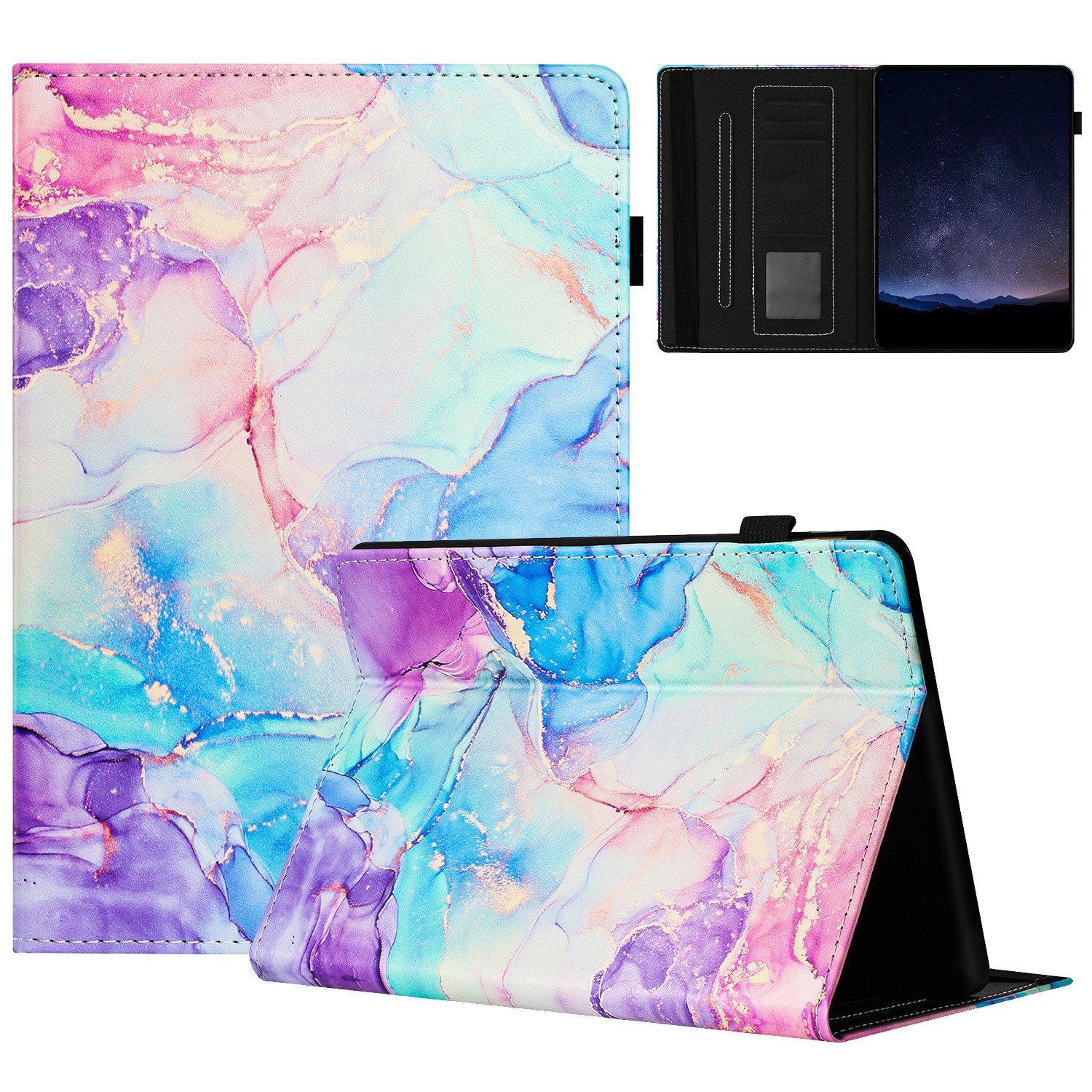 For Amazon Kindle Paperwhite 5 (2021) Case Marble Leather Smart Tablet Cover with Pencil Holder - Purple  /  Blue