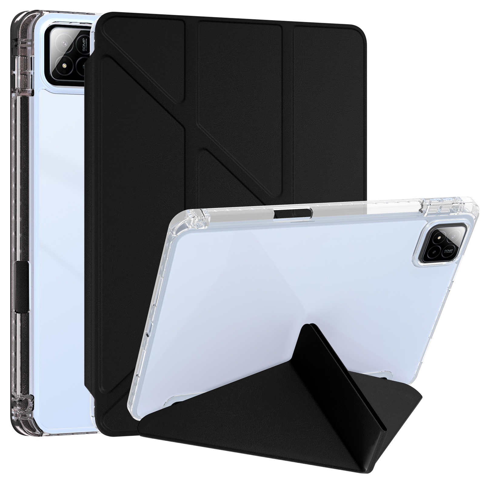 For Xiaomi Poco Pad X1 / Pad 8 Pro / Pad 8 / Pad 7 Pro / Pad 7 Case PU Leather Origami Stand Clear Tablet Cover - Black
