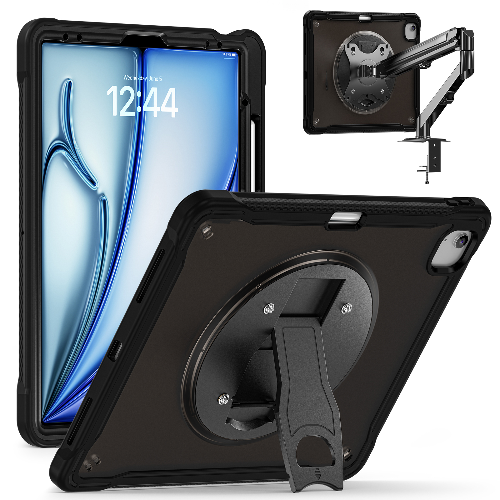 Kickstand Case for iPad Air 13 (2026) / (2025) / (2024) / Pro 12.9 (2022) / (2021) / (2020) / (2018) PC+Silicone+TPU Tablet Cover - Transparent Black