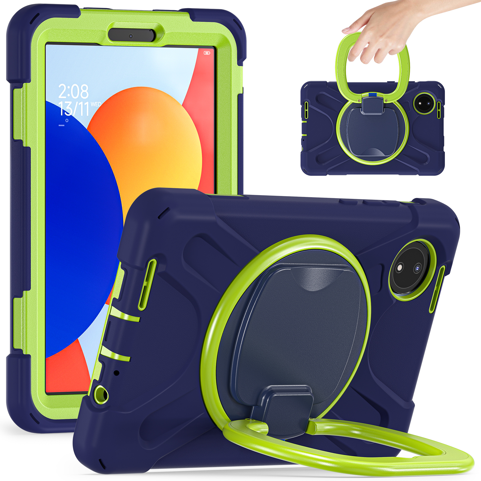 For Xiaomi Redmi Pad SE 4G 8.7 inch Tablet Case Kickstand PC TPU Silicone Back Cover - Navy Blue+Yellowgreen