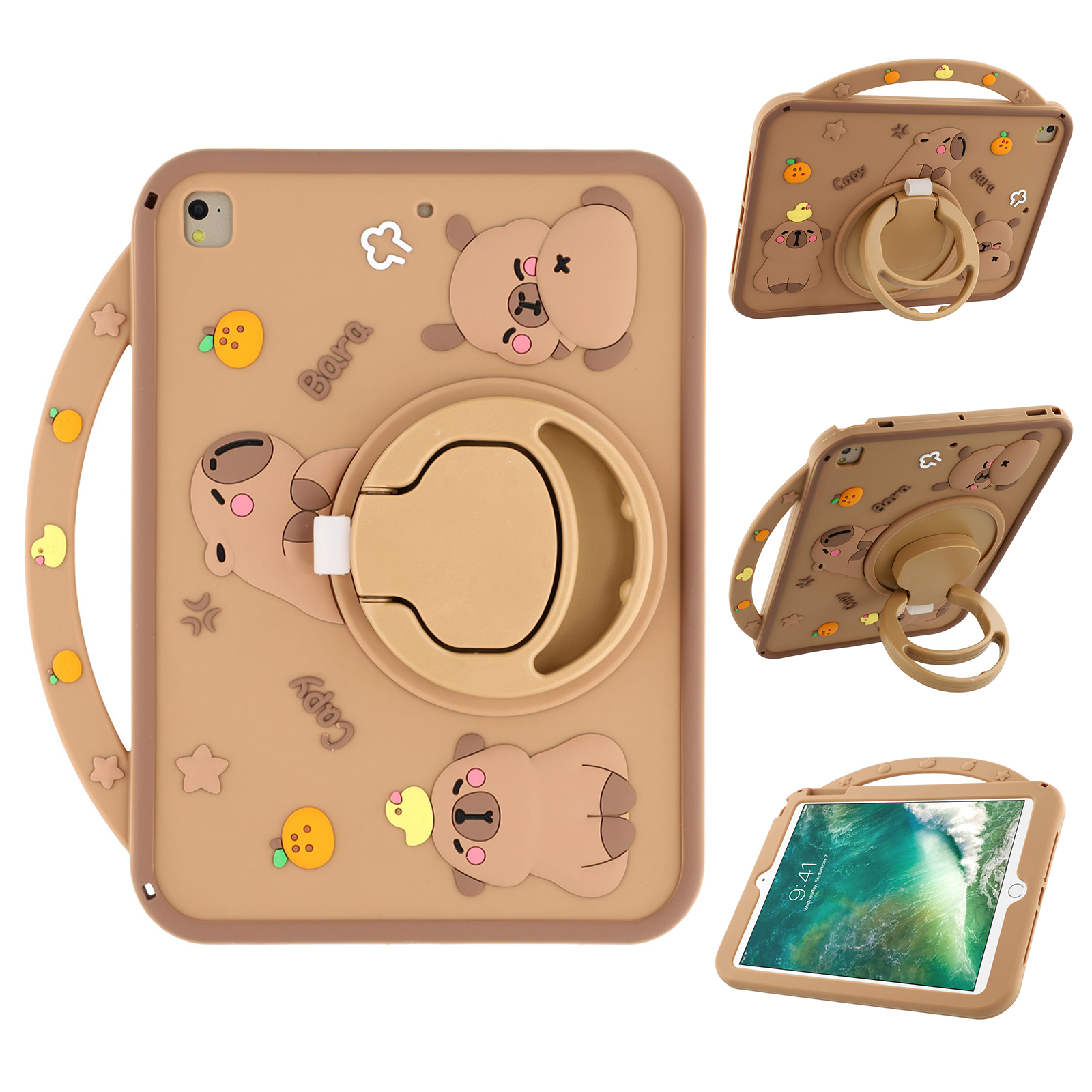 For iPad 9.7-inch (2018) / (2017) Silicone Case with Handle 360 Degree Rotating Kickstand Protective Cover Capybara Pattern