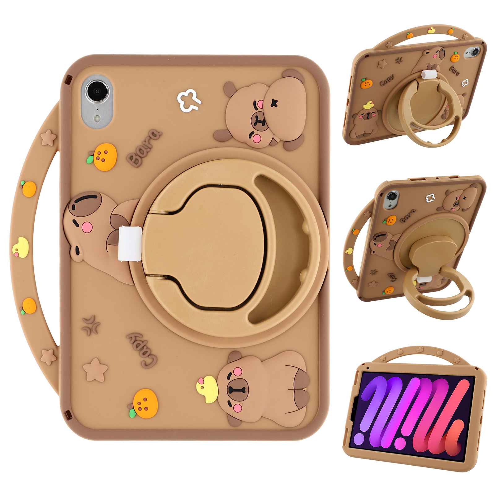 For iPad mini (2024) / (2021) Silicone Case with Handle 360 Degree Rotating Kickstand Protective Cover Capybara Pattern