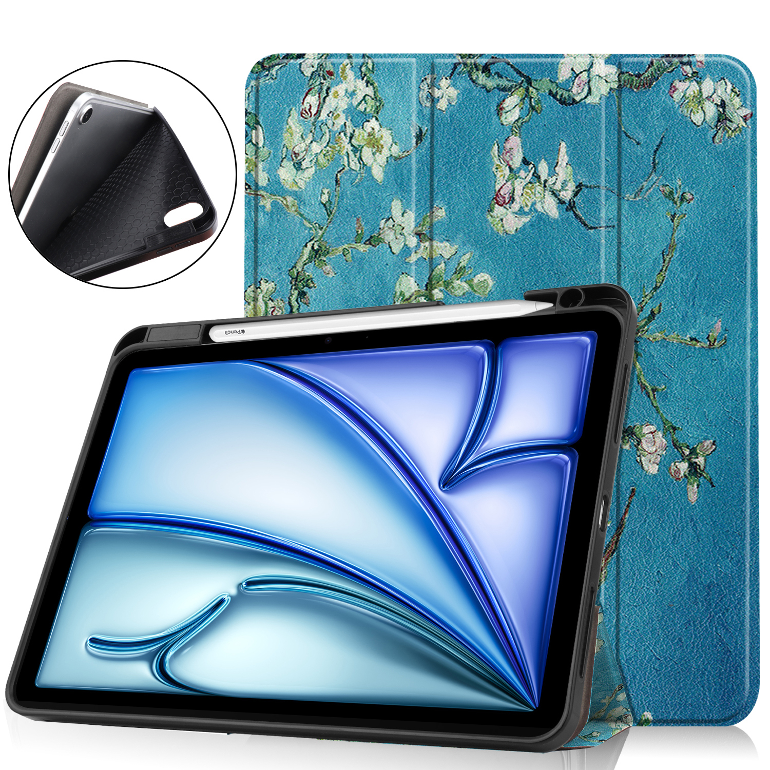 For iPad Air 11 (2026) / (2025) / (2024) Tablet Case Pattern Printing Tri-Fold Stand Leather + TPU Cover with Pen Holder - Apricot Blossom