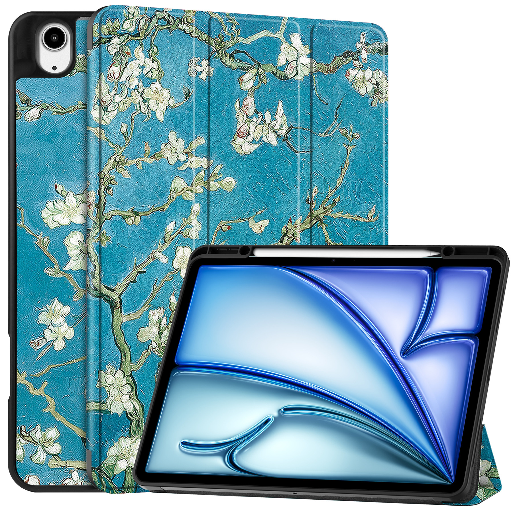 For iPad Air 13 (2026) / (2025) / (2024) Tablet Case Pattern Printing Tri-Fold Stand Leather + TPU Cover with Pen Holder - Apricot Blossom