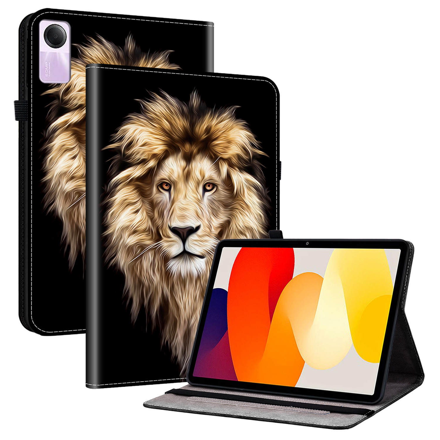 For Xiaomi Redmi Pad SE Leather Case Pattern Printed Stand Tablet Cover with Card Slots - Lion Head