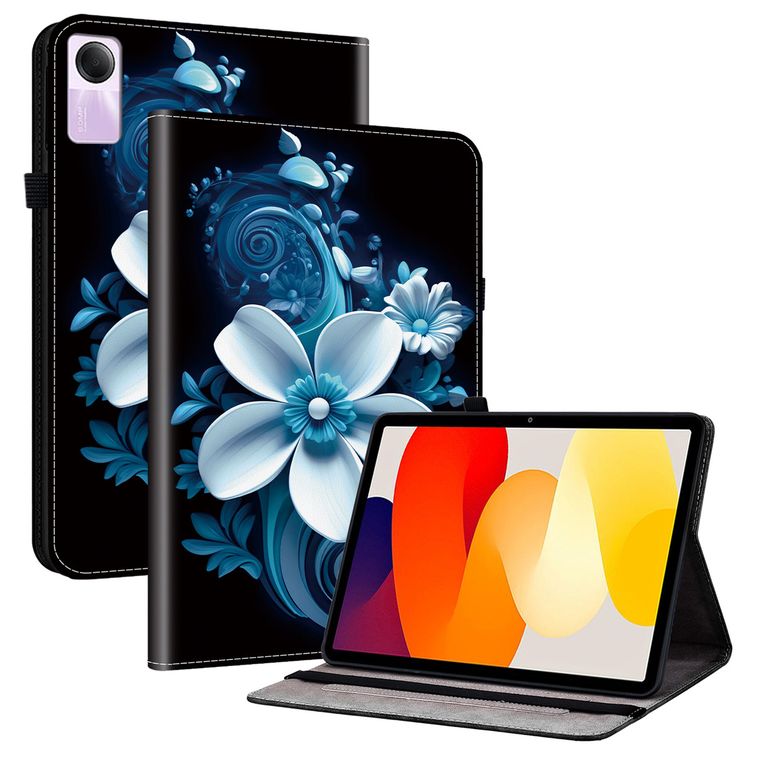 For Xiaomi Redmi Pad SE Leather Case Pattern Printed Stand Tablet Cover with Card Slots - Black Orchid