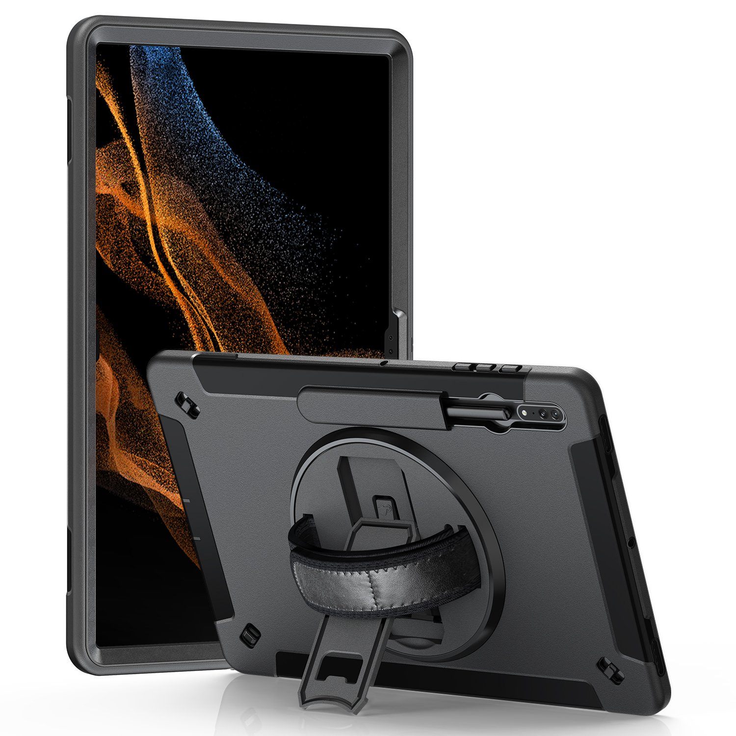 

For Samsung Galaxy Tab S8 Ultra Shockproof Kickstand Tablet Case Hand Strap Pencil Holder PC + Silicone Cover with Shoulder Strap, Galaxy Tab S8 Ultra