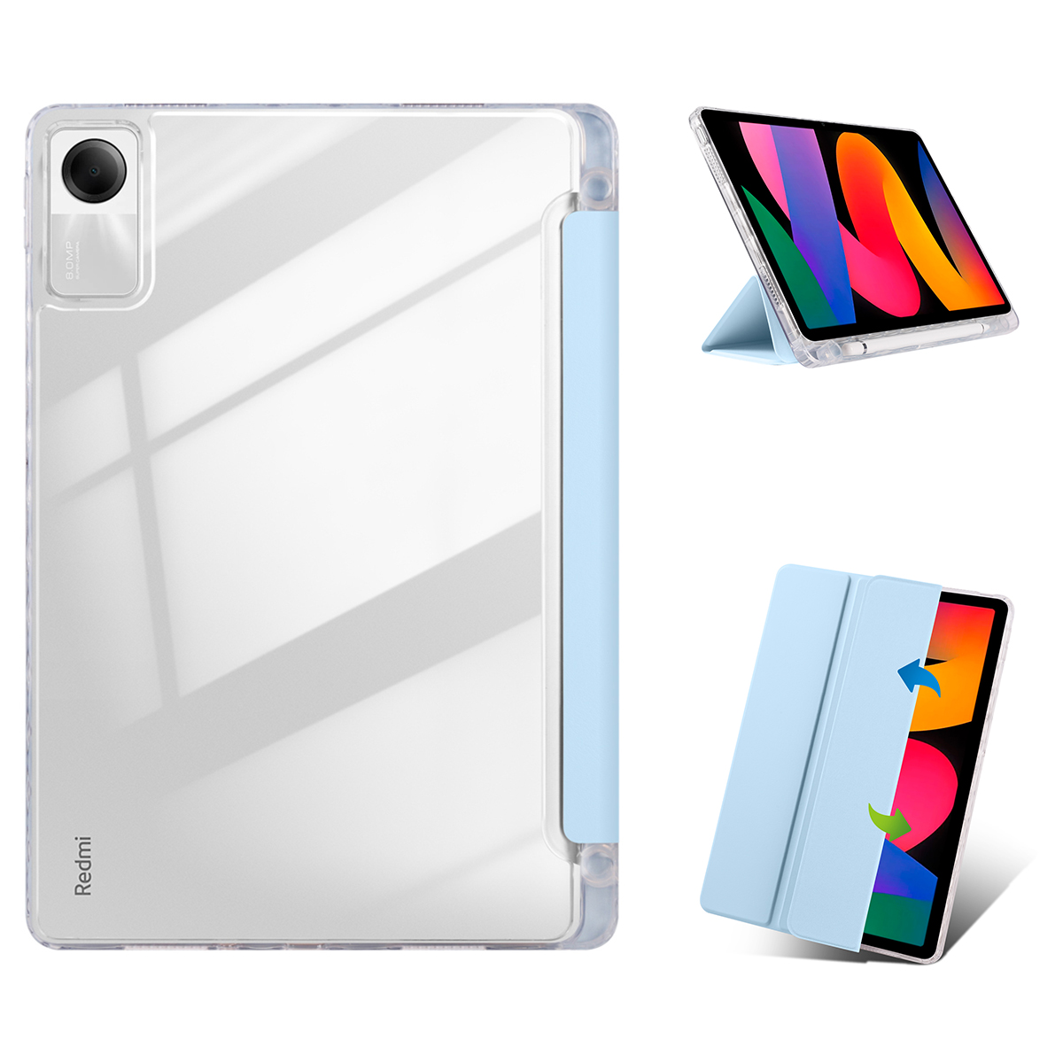 For Xiaomi Redmi Pad SE Case Tri-Fold Stand Leather+TPU+Acrylic Clear Back Tablet Cover - Baby Blue