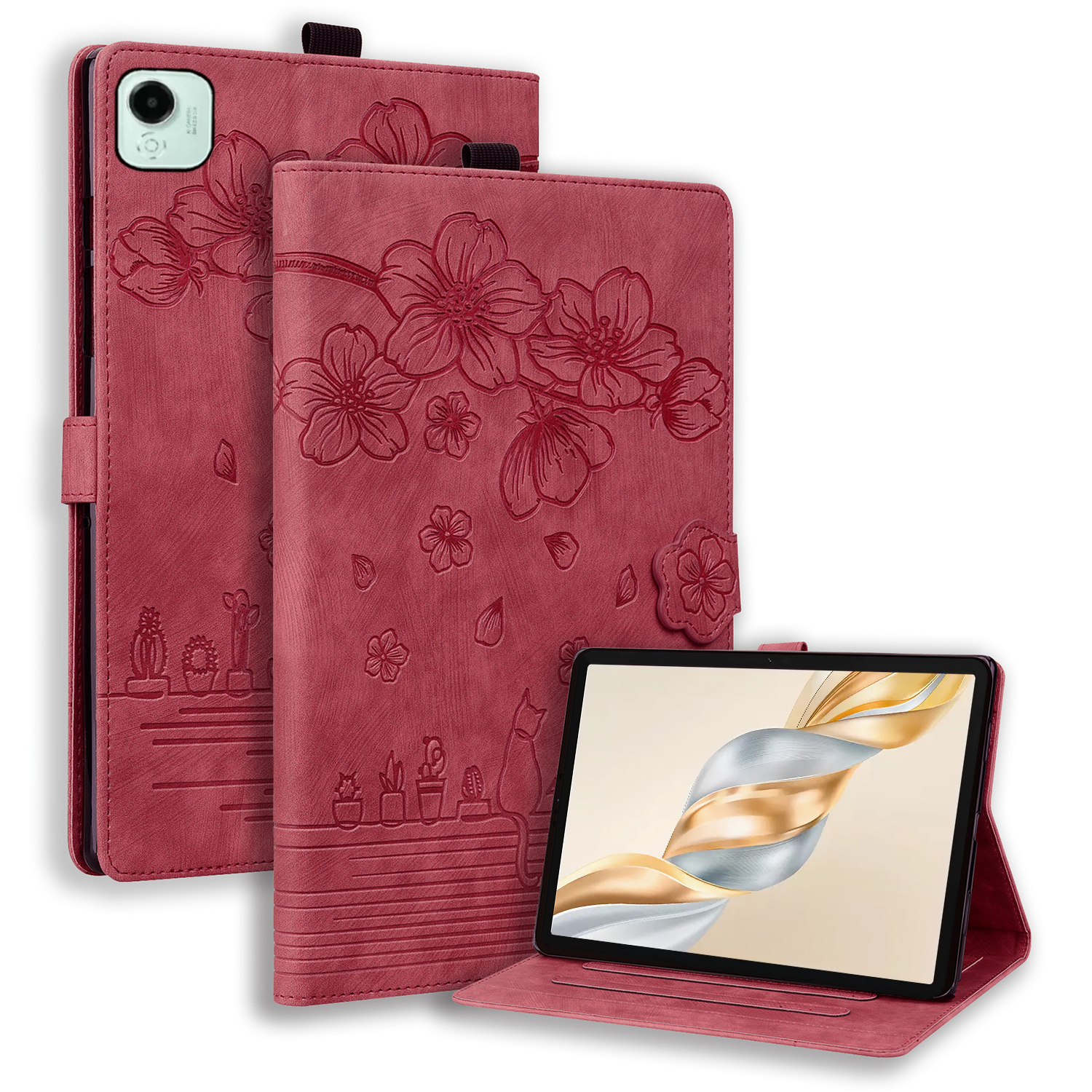 For Honor Pad X9a / Pad X9 Pro Case Card Slots Leather Tablet Stand Folio Cover Flower Cat - Red