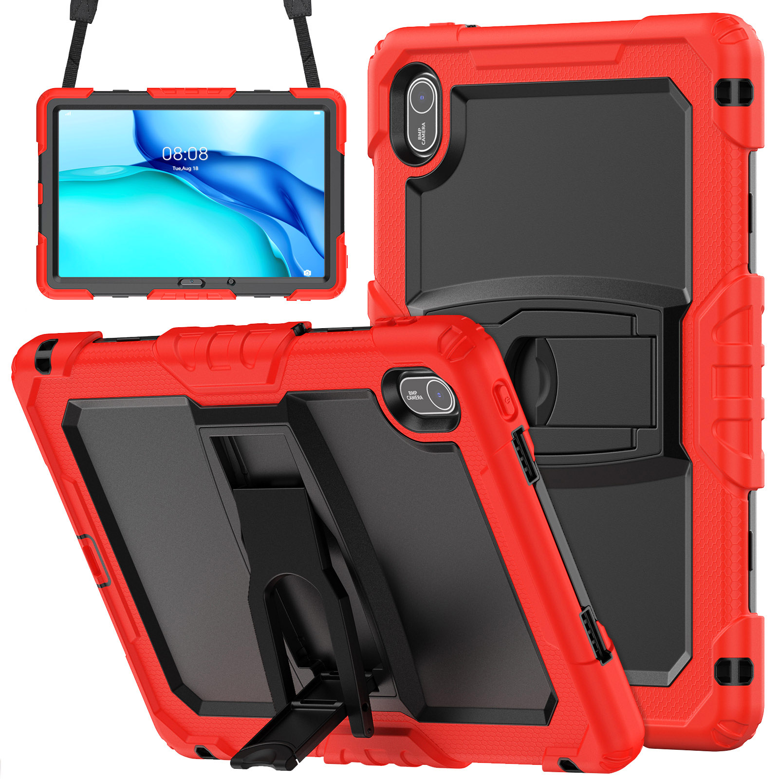For Huawei MatePad SE 11 Case Kickstand PC + Silicone Shockproof Tablet Cover with Shoulder Strap - Red