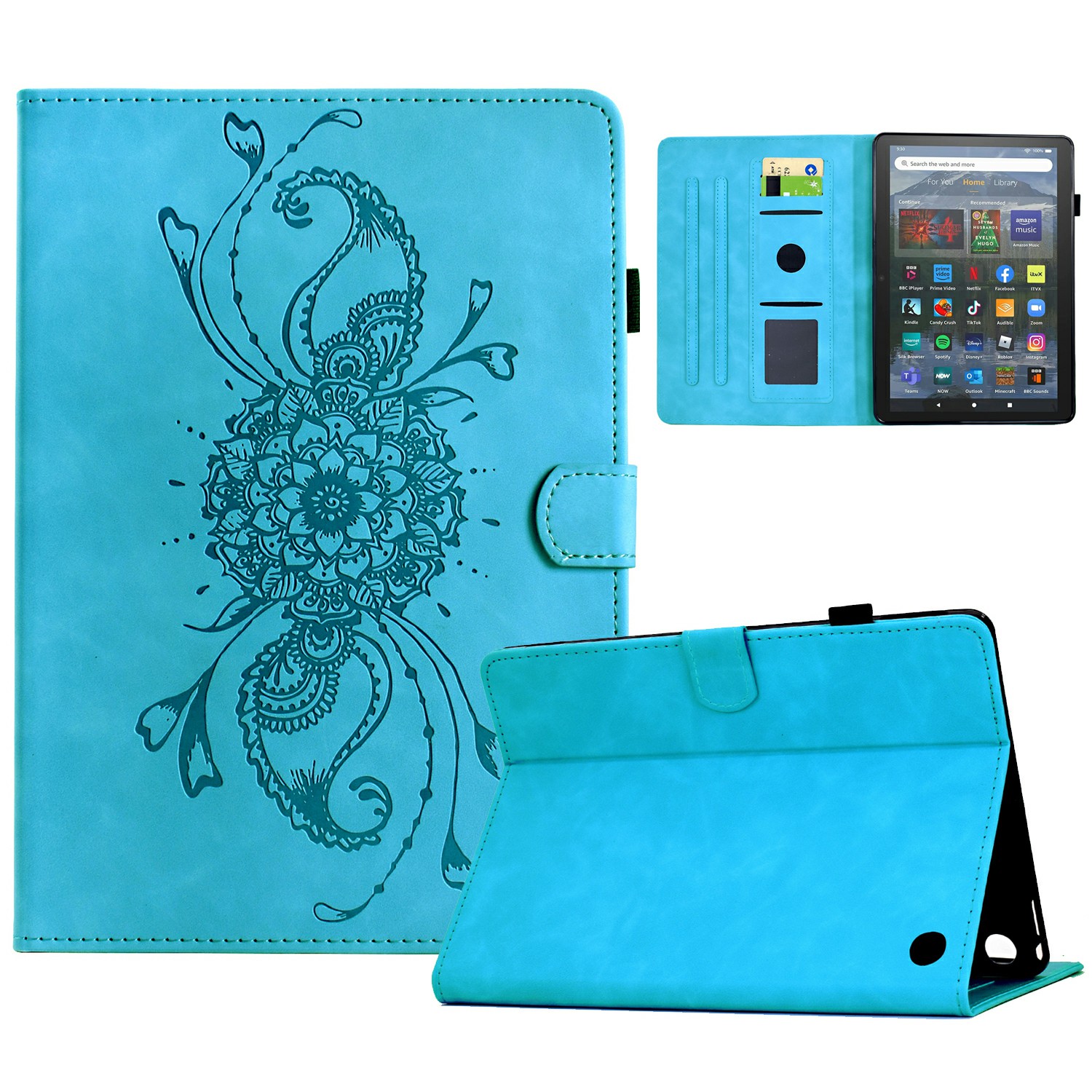 For Amazon Fire 7 (2022) Case Mandala Imprinted Leather Tablet Cover with Card Slots - Sky Blue