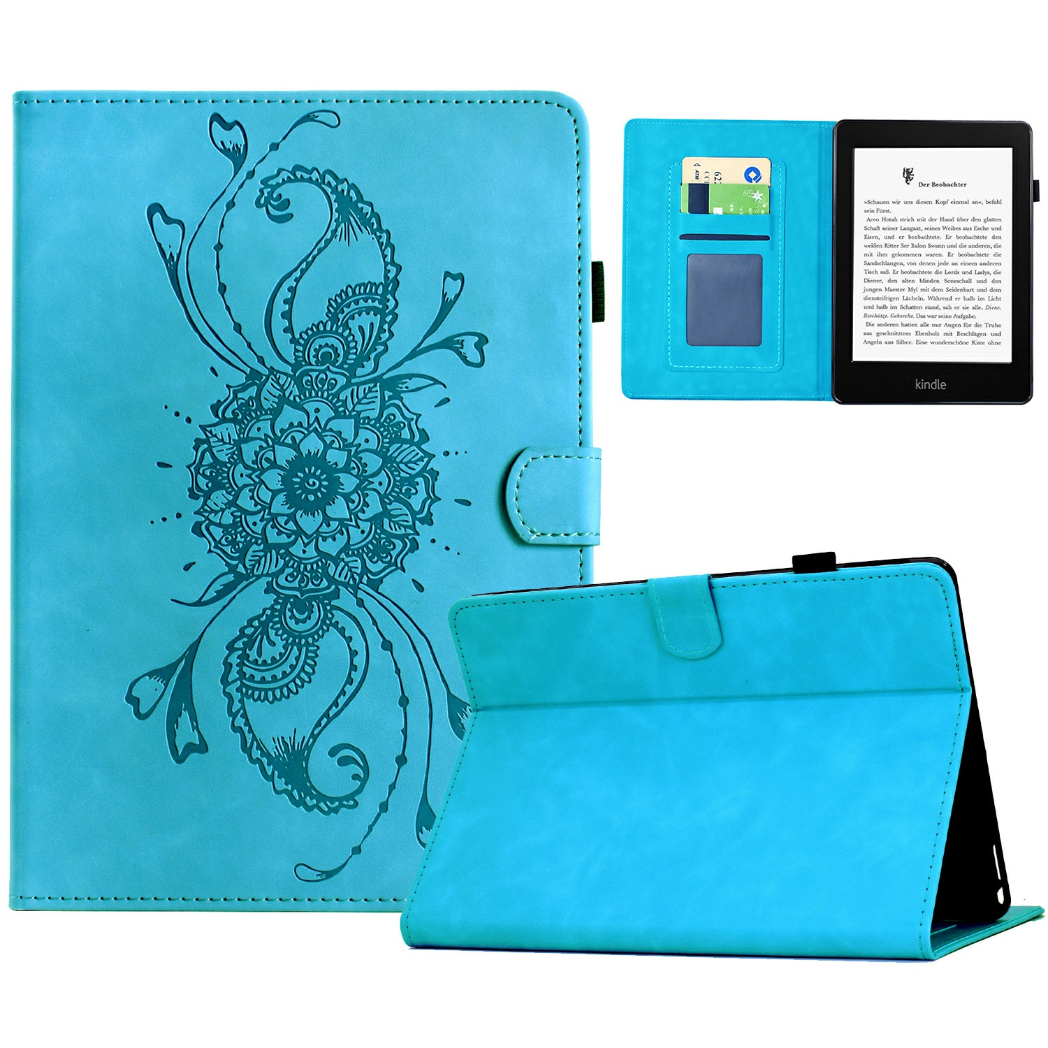 For Amazon Kindle Paperwhite 5 (2021) Case Mandala Imprinted Leather Tablet Cover with Card Slots - Sky Blue