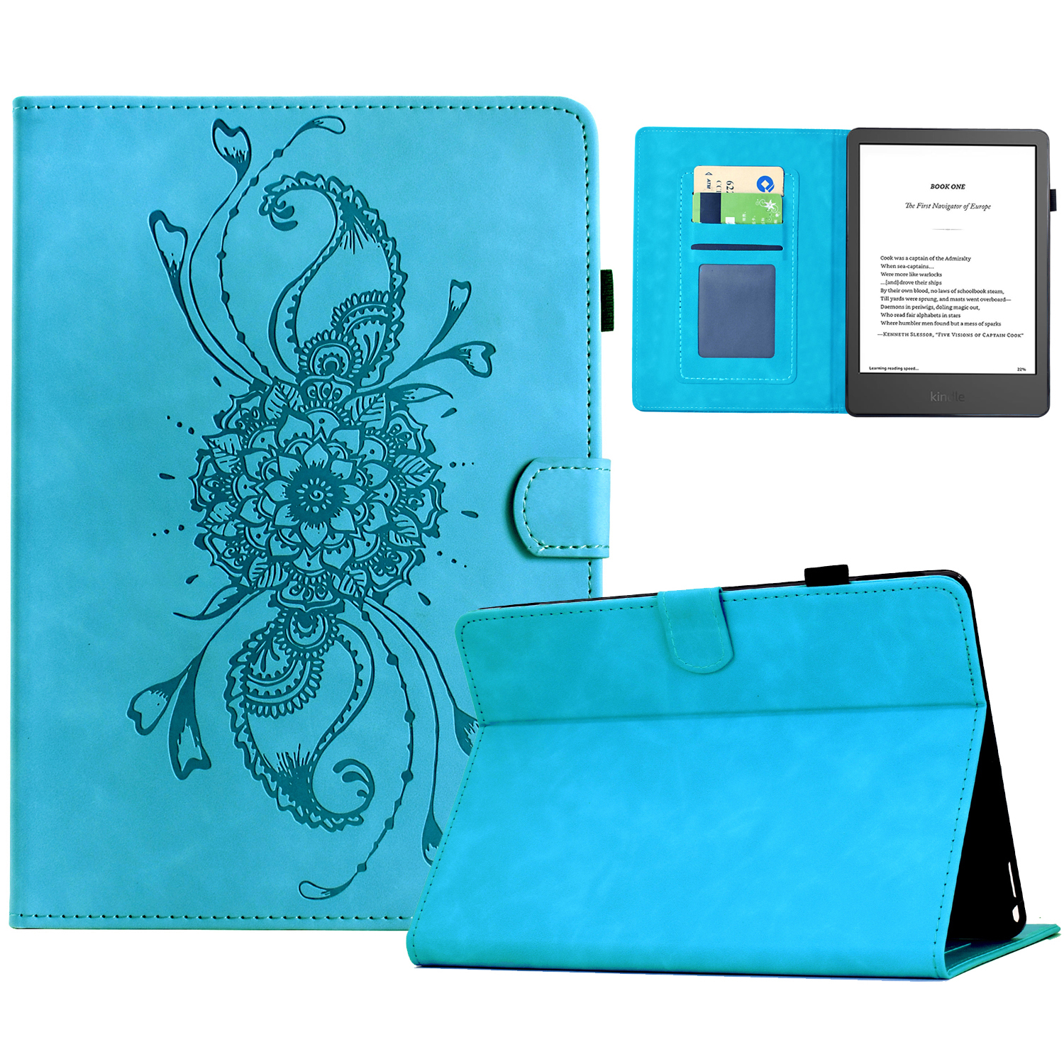 For Amazon Kindle 11th (2024) / 6" (2022) Case Mandala Imprinted Leather Tablet Cover with Card Slots - Sky Blue