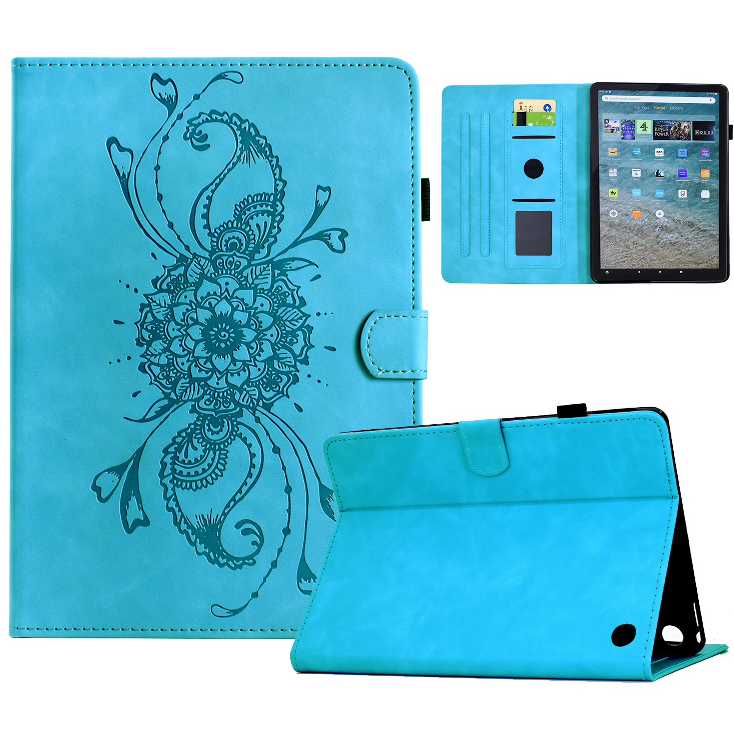 For Amazon Kindle Fire Max 11 2023 Case Mandala Imprinted Leather Tablet Cover with Card Slots - Sky Blue