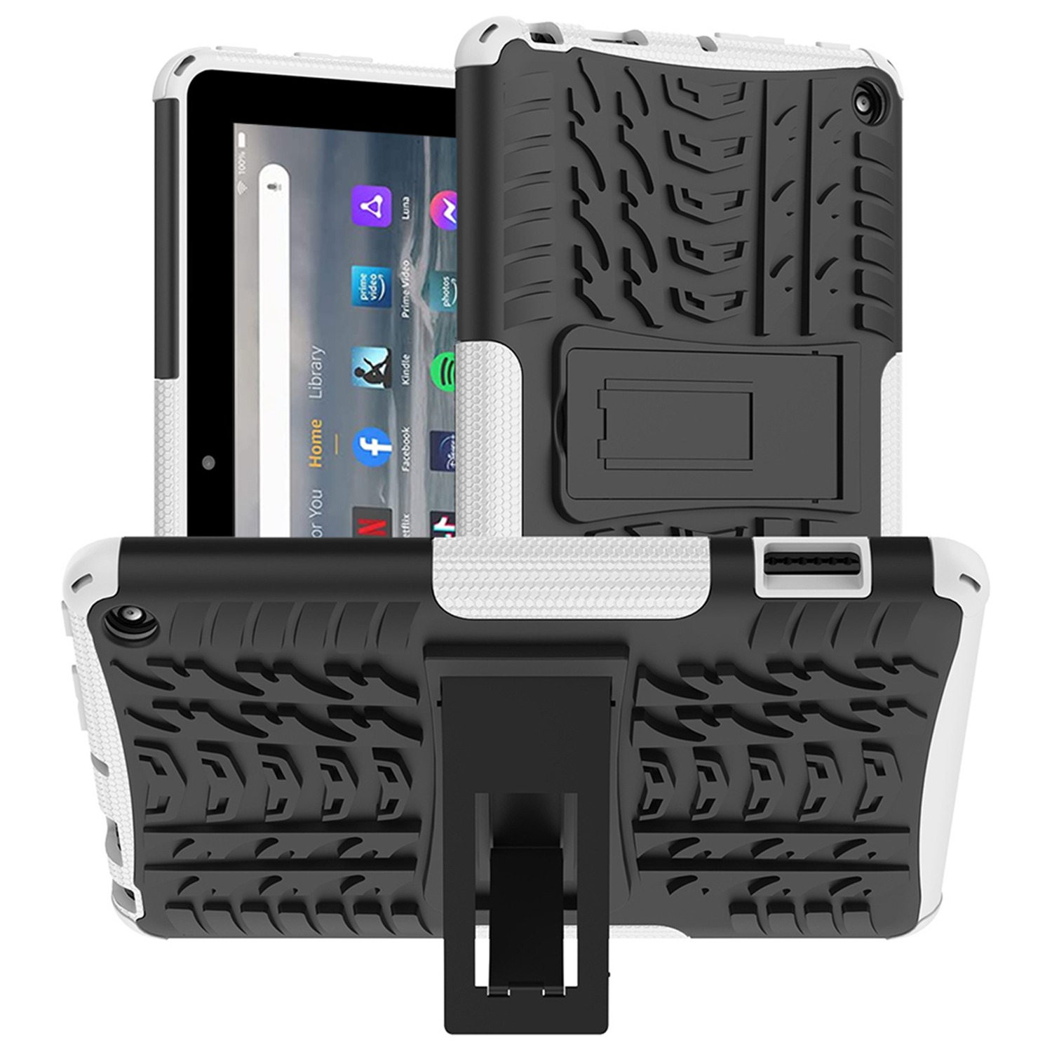 For Amazon Fire 7 (2022) Tire Texture Anti-Slip Case Drop Protection Hybrid PC+TPU Heavy Duty Cover with Stand - White