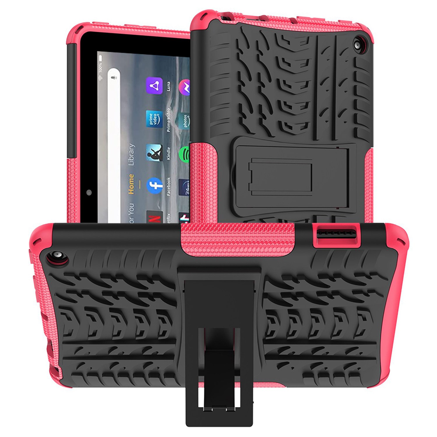For Amazon Fire 7 (2022) Tire Texture Anti-Slip Case Drop Protection Hybrid PC+TPU Heavy Duty Cover with Stand - Rose