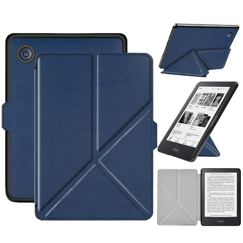 For Tolino Shine 4 Case Origami Stand PC + PU Leather E-Reader Protective Cover with Auto Sleep  /  Wake - Dark Blue