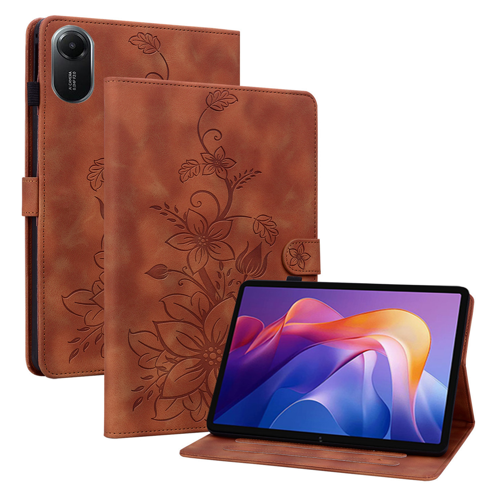 For Xiaomi Redmi Pad 2 11 Case Lily Flower Imprint Card Slots Leather Tablet Cover - Brown