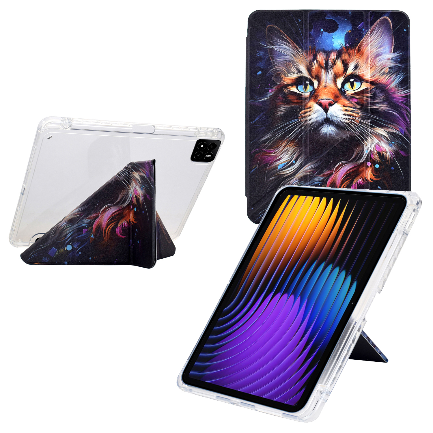 For Xiaomi Pad 7 / Pad 7 Pro Case Y-Fold Stand Pattern Print Leather + Clear Acrylic Tablet Cover with Pencil Holder - Sea Cat