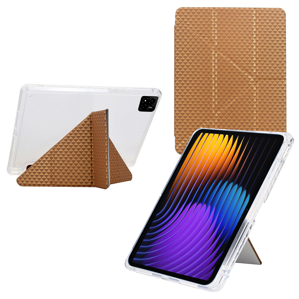 For Xiaomi Pad 7 / Pad 7 Pro Case Y-Fold Stand Pyramid-Patterned Leather + Clear Acrylic Tablet Cover with Pencil Holder - Gold