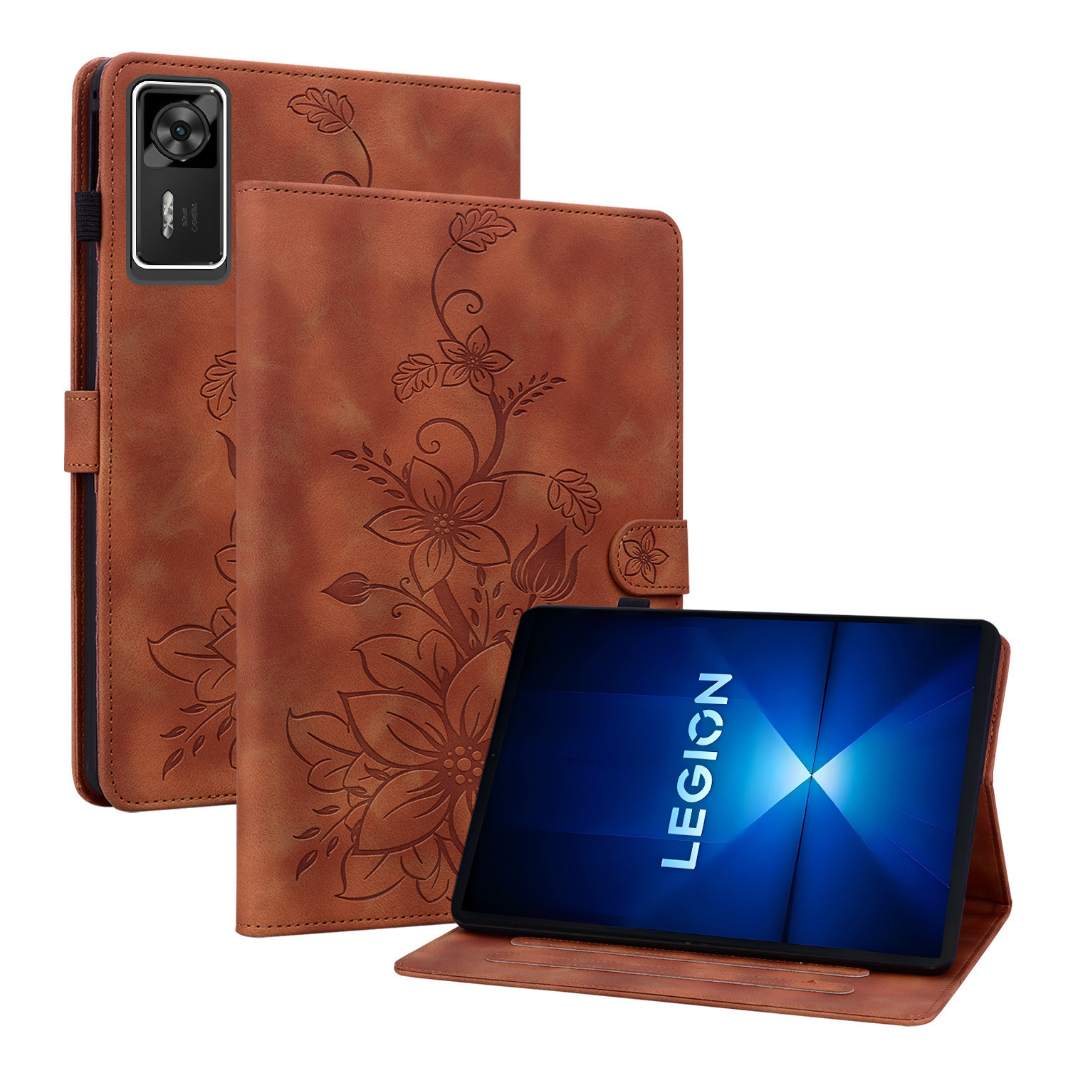 For Lenovo Legion Y700 Gen 4 Case Lily Flower Imprint Card Slots Leather Tablet Cover - Brown