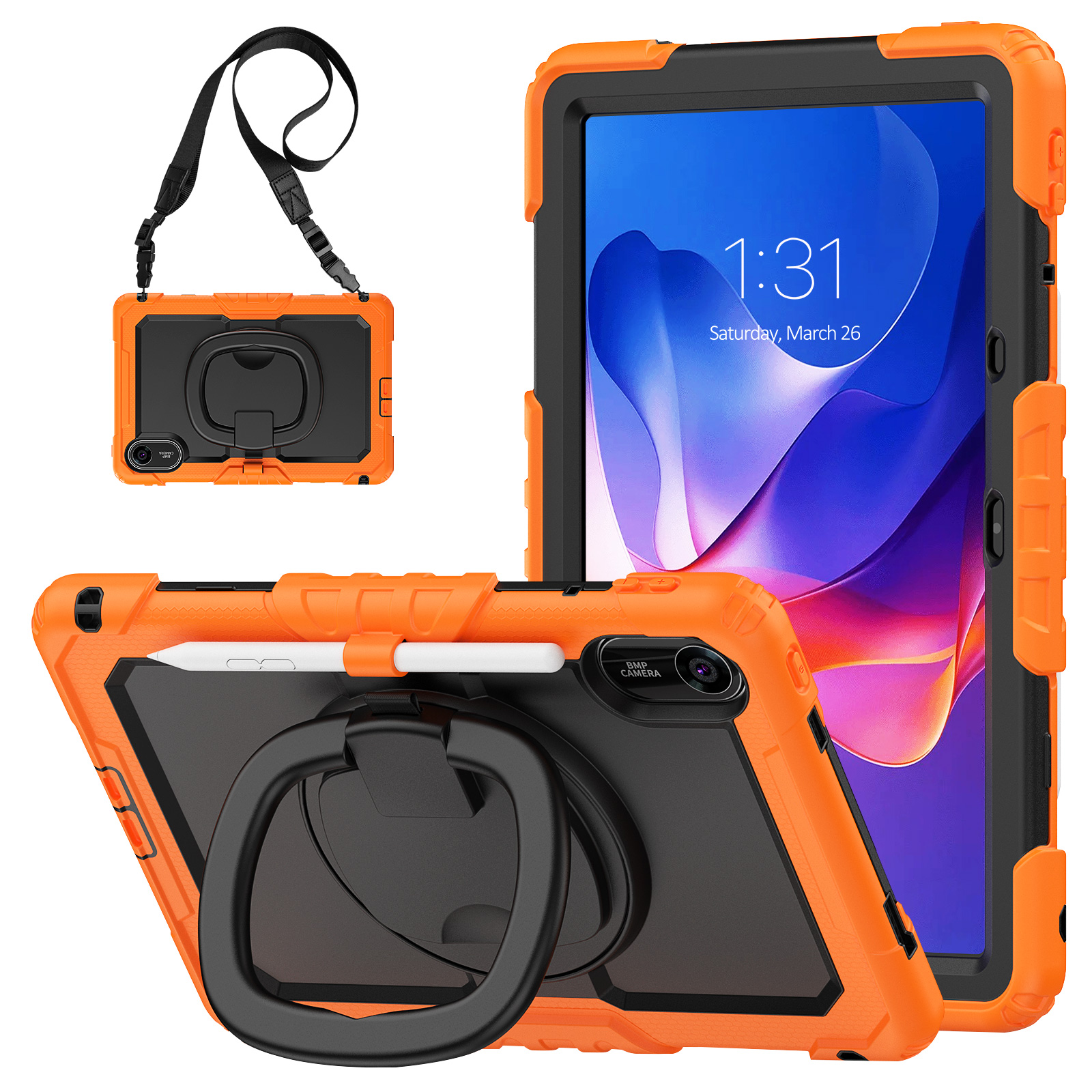 For Xiaomi Redmi Pad 2 11 Kickstand Case with Stylus Holder / Shoulder Strap PC Silicone Tablet Cover - Orange