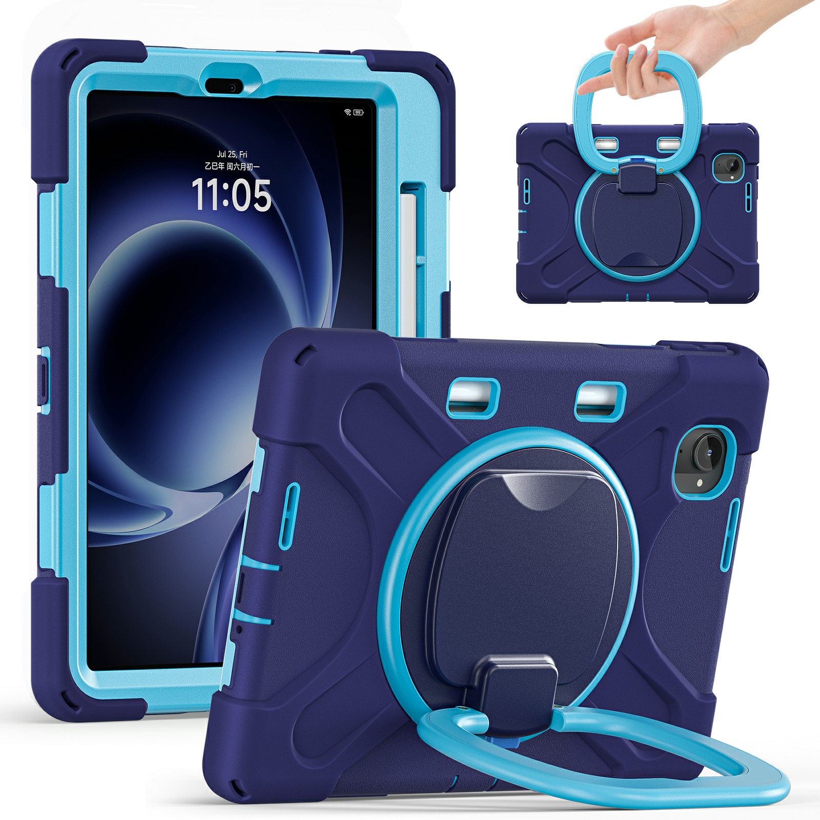 For Xiaomi Pad Mini / Redmi K Pad Case TPU + PC + Silicone Tablet Cover Swivel Kickstand Handle Grip - Navy Blue