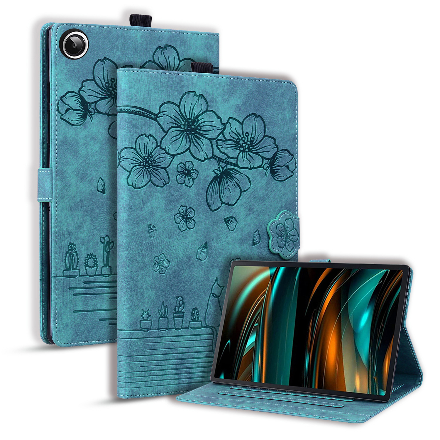 For Samsung Galaxy Tab A11+ / Tab A9+ Case Card Slots Leather Tablet Stand Folio Cover Flower Cat - Green