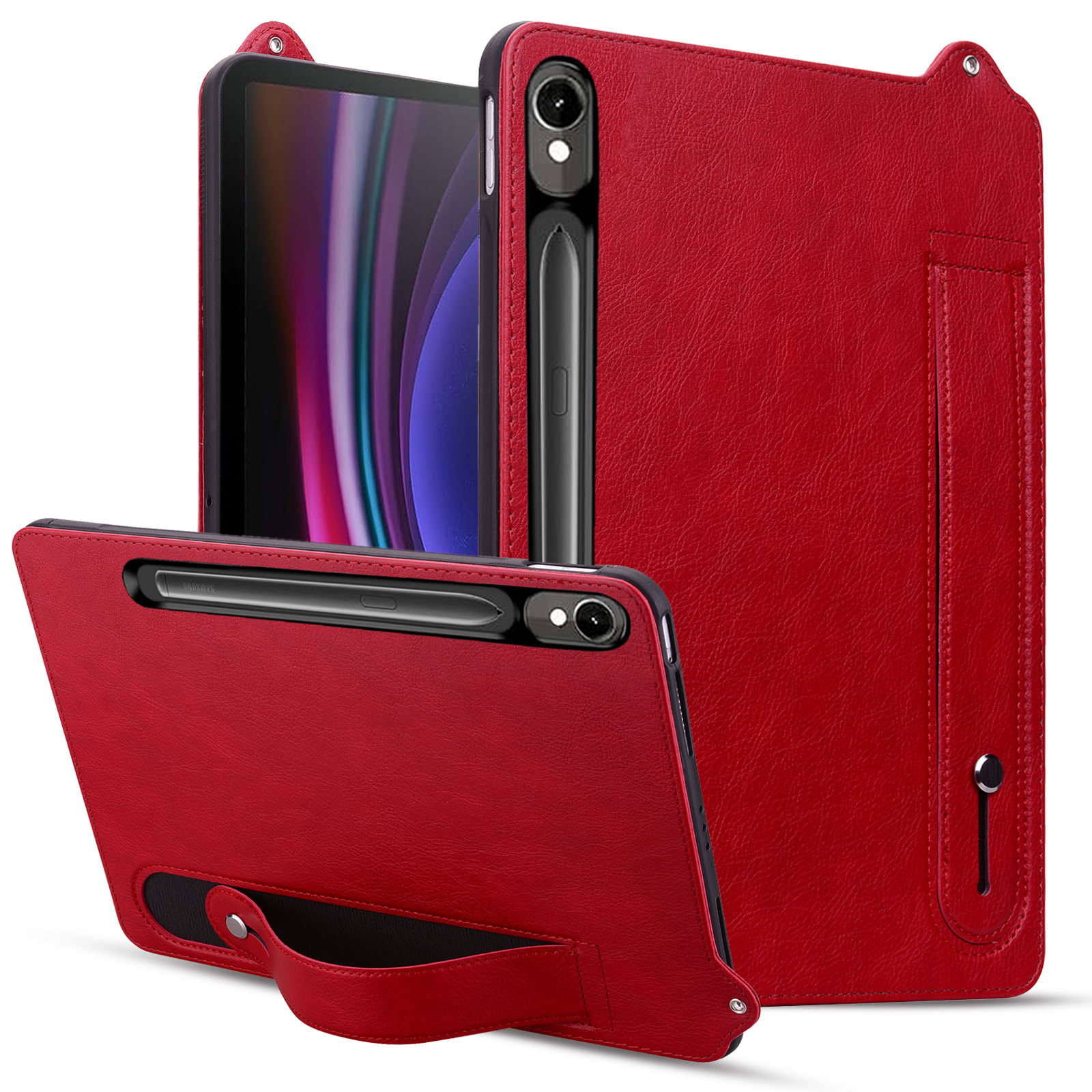 Leather Case For Samsung Galaxy Tab S10 FE / S9 / S9 FE / S8 / S7 Hand Strap Kickstand Tablet Cover - Red