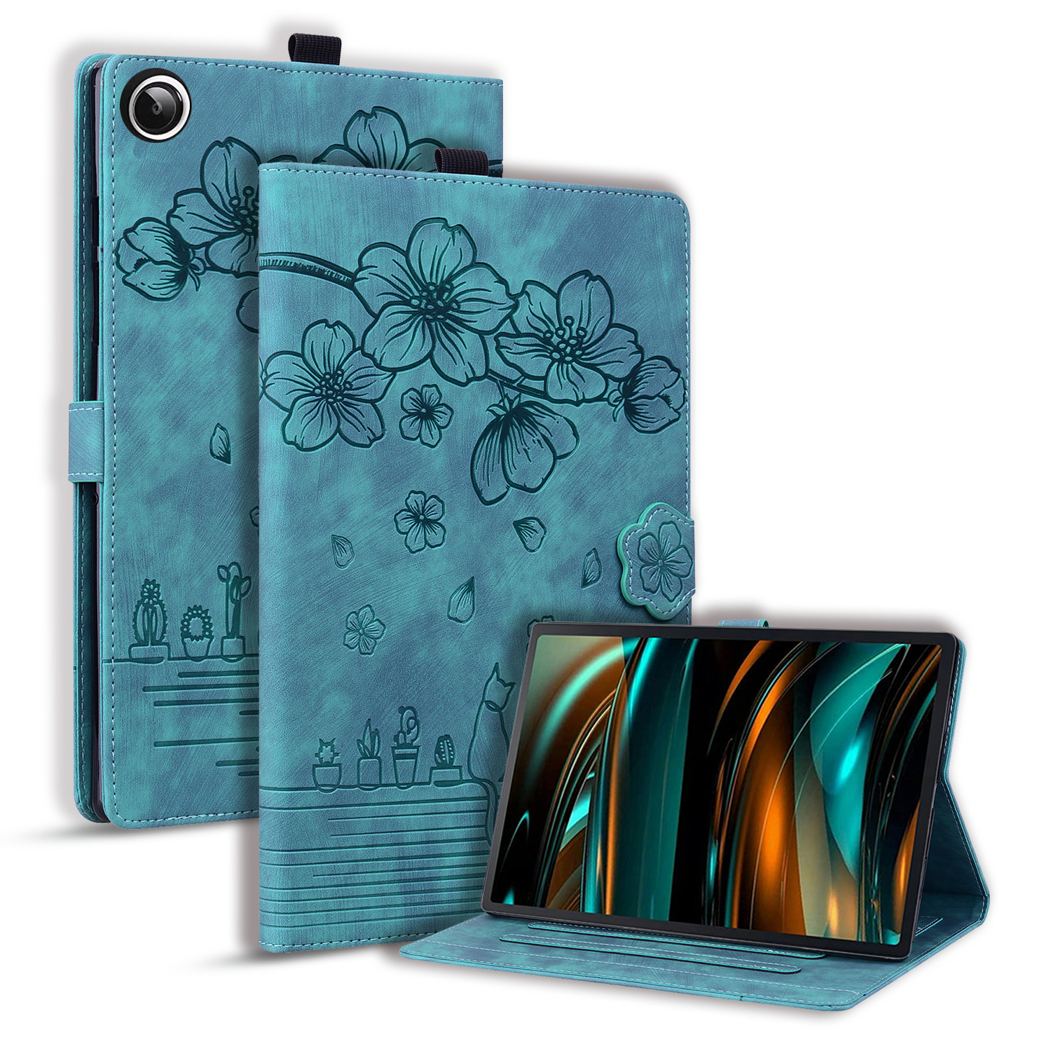 For Samsung Galaxy Tab A11 X133 X130 / Tab A9 Case Card Slots Leather Tablet Stand Folio Cover Flower Cat - Green