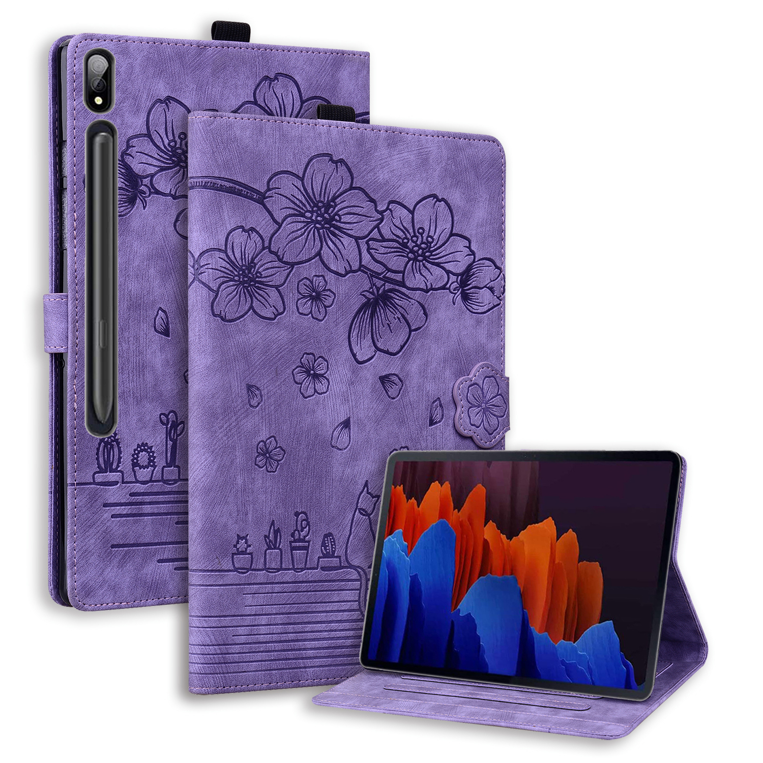 For Samsung Galaxy Tab S10 Ultra / S9 Ultra / S8 Ultra Case Card Slots Leather Tablet Stand Folio Cover Flower Cat - Purple
