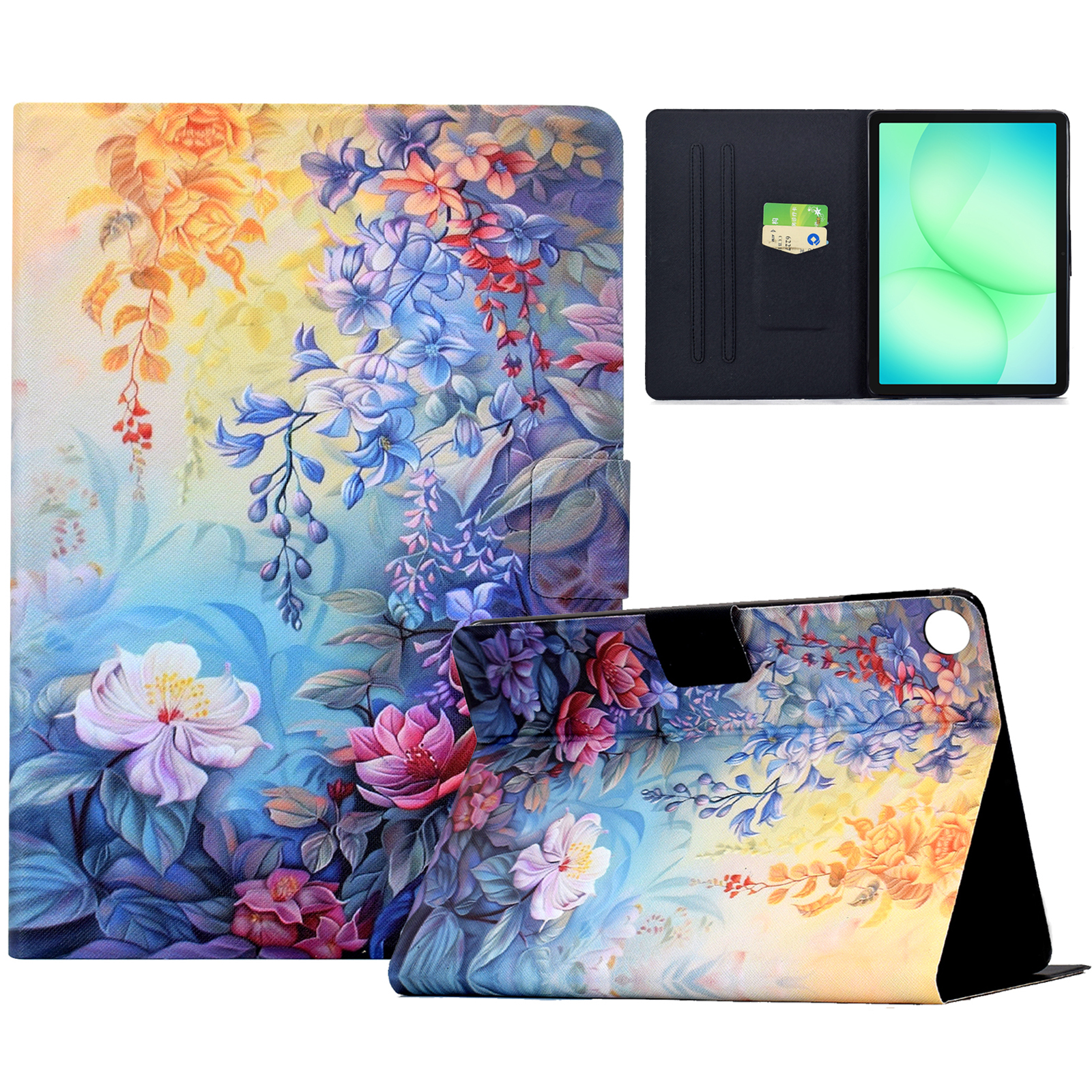 For Samsung Galaxy Tab A11  /  A9 Case Colorful Pattern Painting Card Slots Stand Leather Tablet Cover with Auto Sleep  /  Wake - Blossom