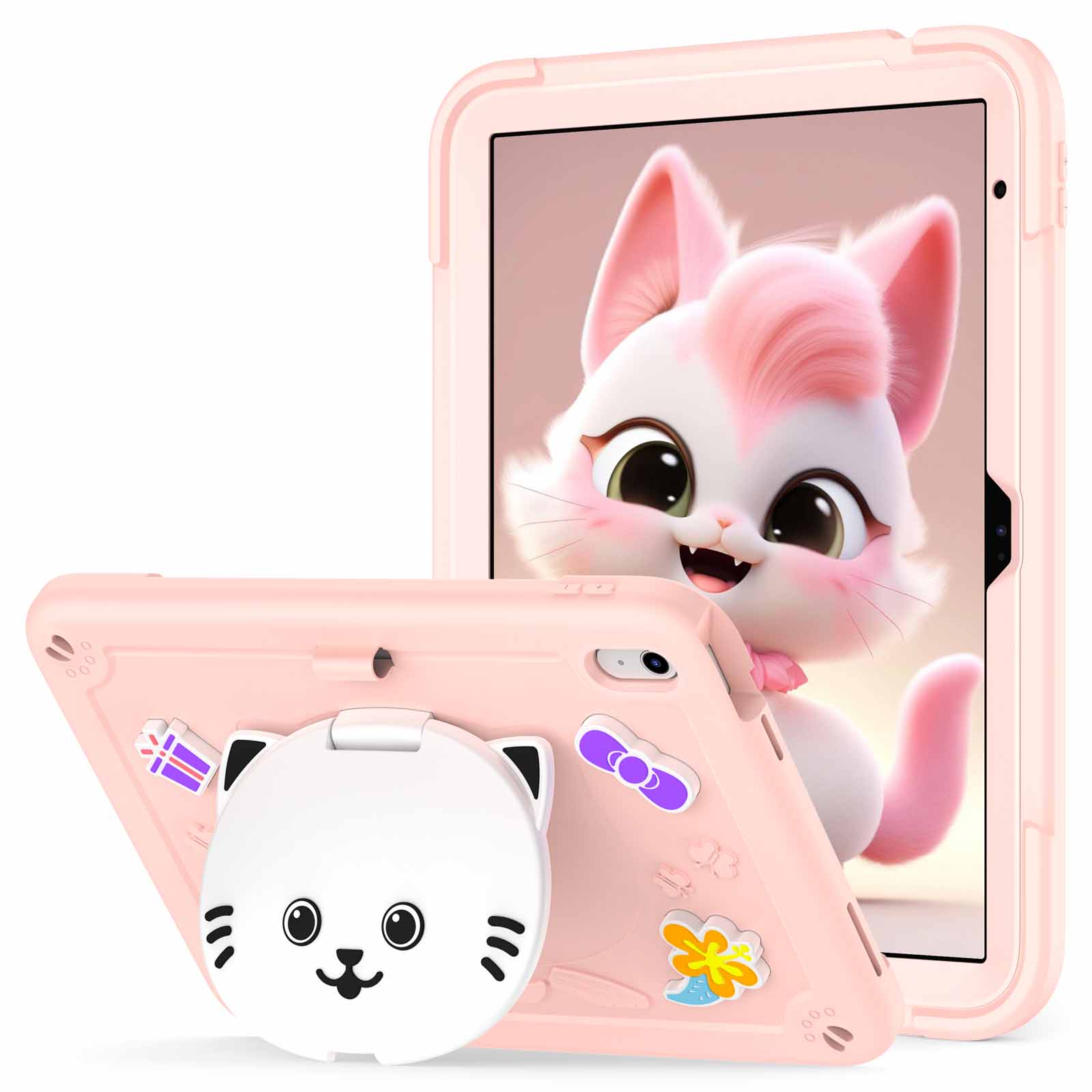 For iPad (2025) / iPad 10.9 (2022) Case with Cat Kickstand PC + Silicone Tablet Cover - Rose Pink