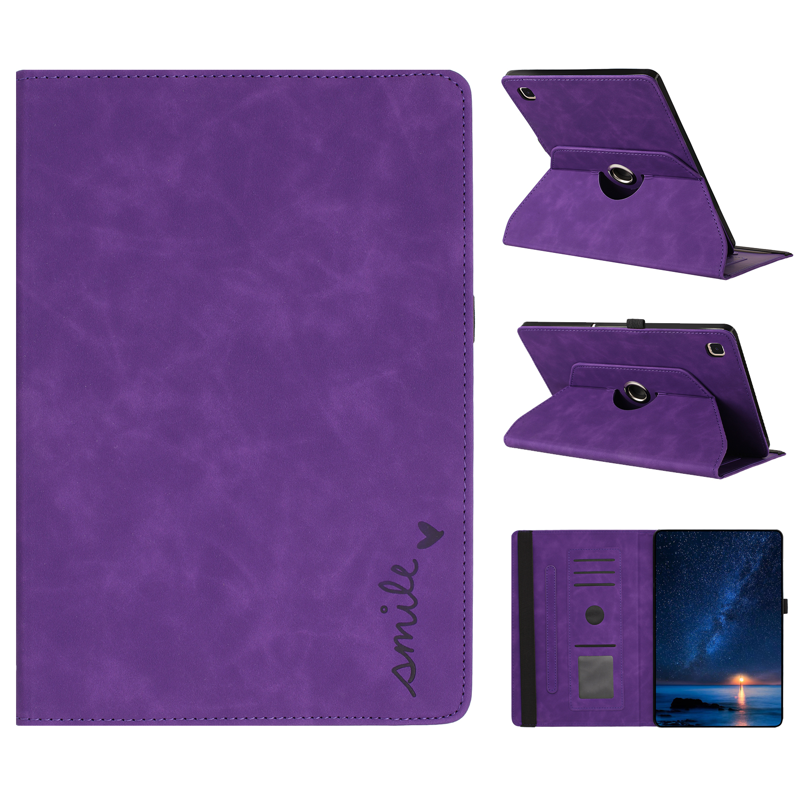 Tablet Case For Samsung Galaxy Tab S6 Lite (2024)  /  (2022)  /  (2020) Rotating Stand Card Holder Smile Imprinted Microfiber Leather Cover - Purple