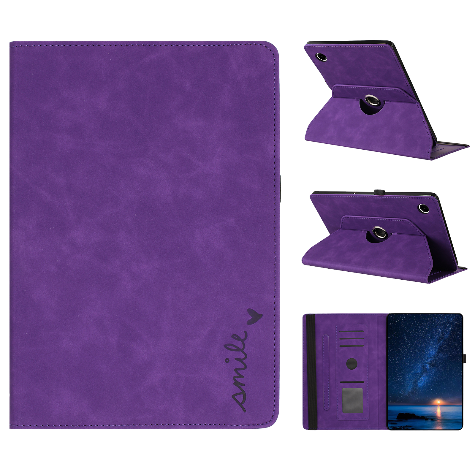 For Samsung Galaxy Tab A11+  /  A9+ Case Rotating Stand Card Holder Smile Imprinted Microfiber Leather Tablet Cover - Purple