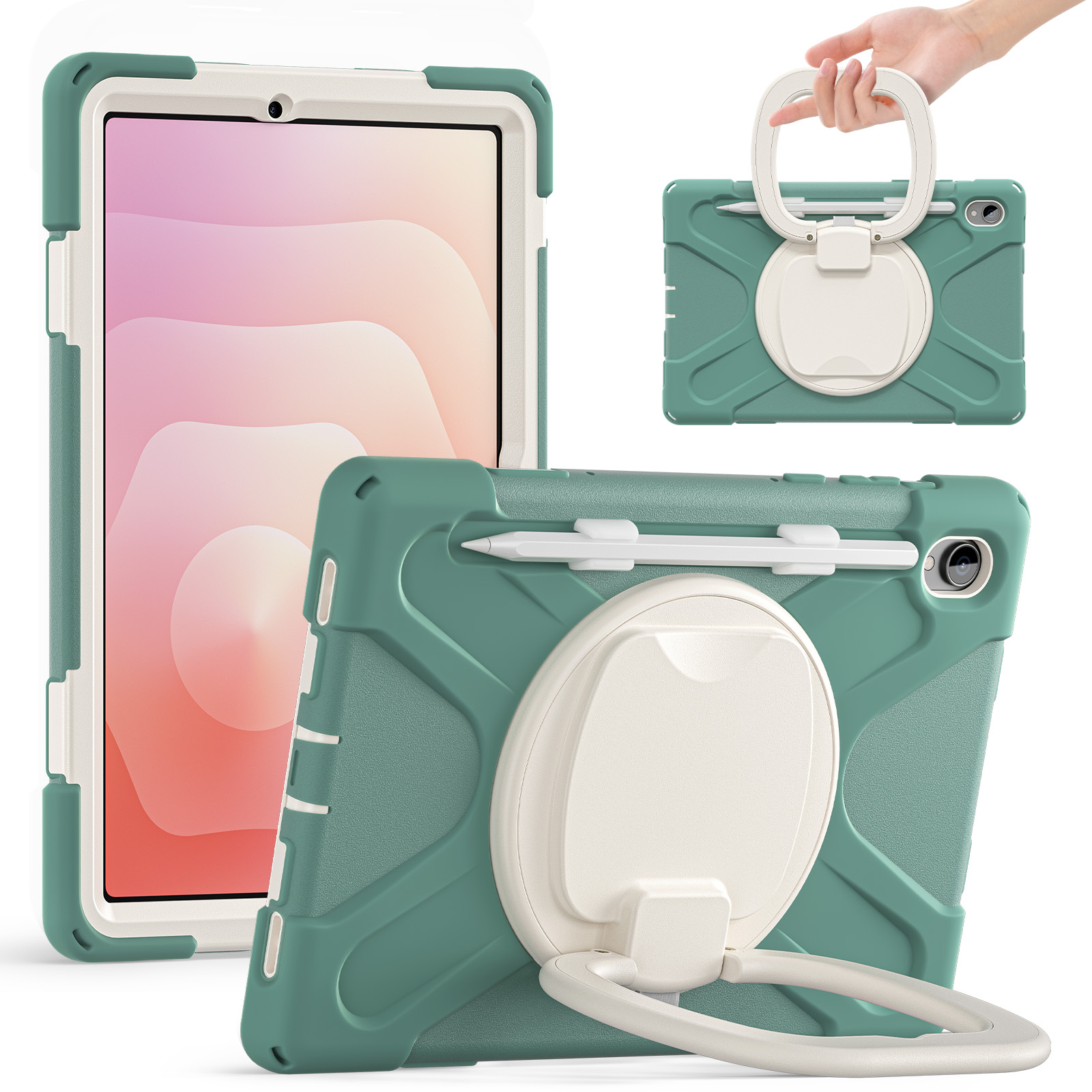 For Samsung Galaxy Tab S11 X730 /  X736 /  X736B Tablet Case TPU + PC + Silicone Cover Swivel Kickstand Handle Grip - Emerald Green