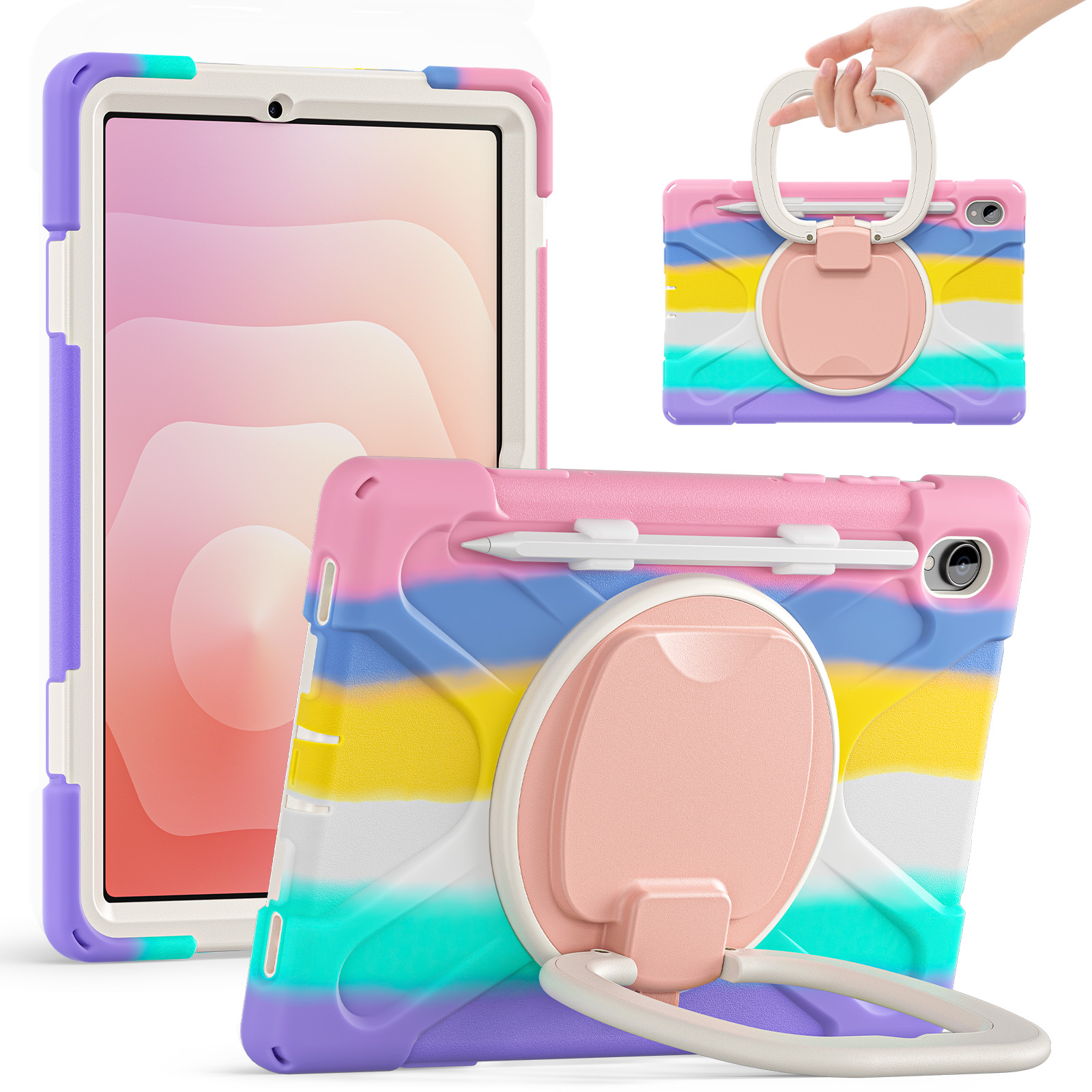 For Samsung Galaxy Tab S11 X730 /  X736 /  X736B Tablet Case TPU + PC + Silicone Cover Swivel Kickstand Handle Grip - Colorful Pink