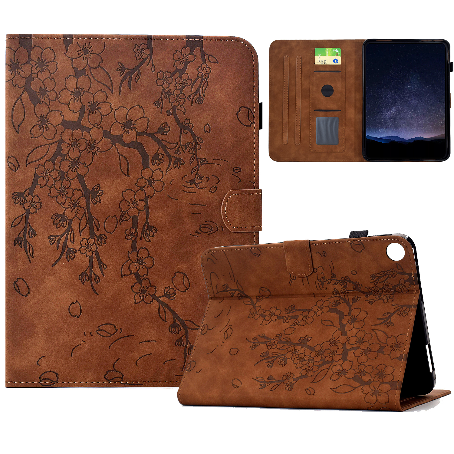 For Samsung Galaxy Tab A11+ / A9+ Case Imprinted Plum Blossom Stand Card Slots Leather Tablet Cover with Auto Sleep / Wake - Brown
