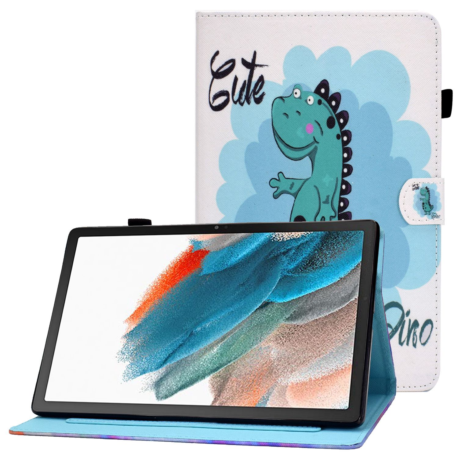 

For Samsung Galaxy Tab A8 10.5 (2021) SM-X200 / X205 / Tab A8 10.5 (2022) Pattern Printing PU Leather Dual-sided Magnetic Cover Stand Stitching Case with Card Slots and Pencil Holder - Dinosaur, Galaxy Tab A8 10.5 (2021)