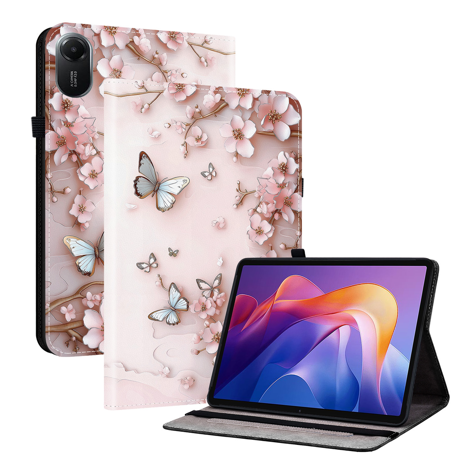 For Xiaomi Redmi Pad 2 11 Leather Case Pattern Printed Stand Tablet Cover with Card Slots - Pink Butterfly