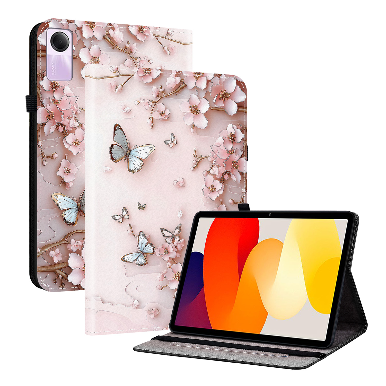 For Xiaomi Redmi Pad SE Leather Case Pattern Printed Stand Tablet Cover with Card Slots - Pink Butterfly