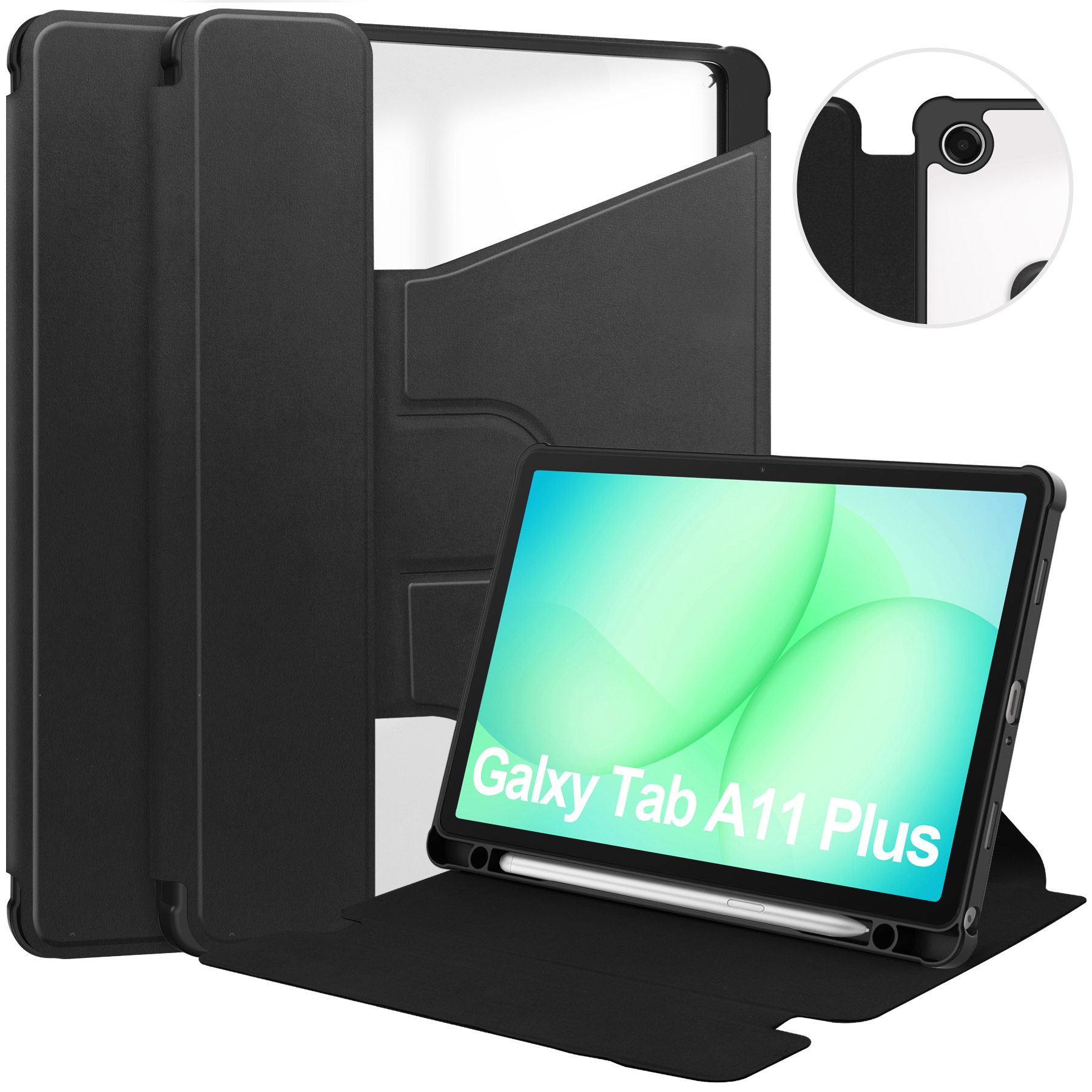For Samsung Galaxy Tab A11+ Case 360° Rotary Stand PU Leather+Acrylic Tablet Cover (Without Keyboard) - Black