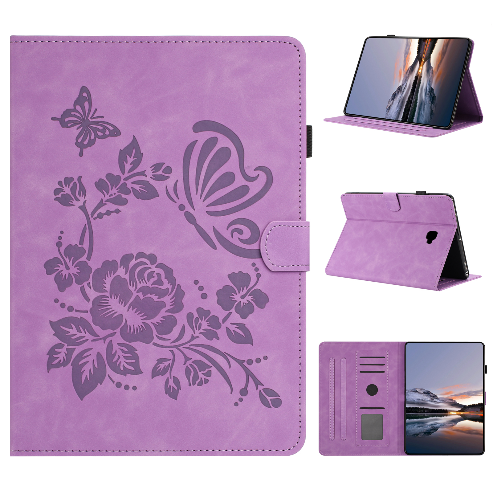 For Samsung Galaxy Tab A 10.1 (2016) Case Card Holder Stand Butterfly Floral Imprinted Leather Tablet Cover - Light Purple